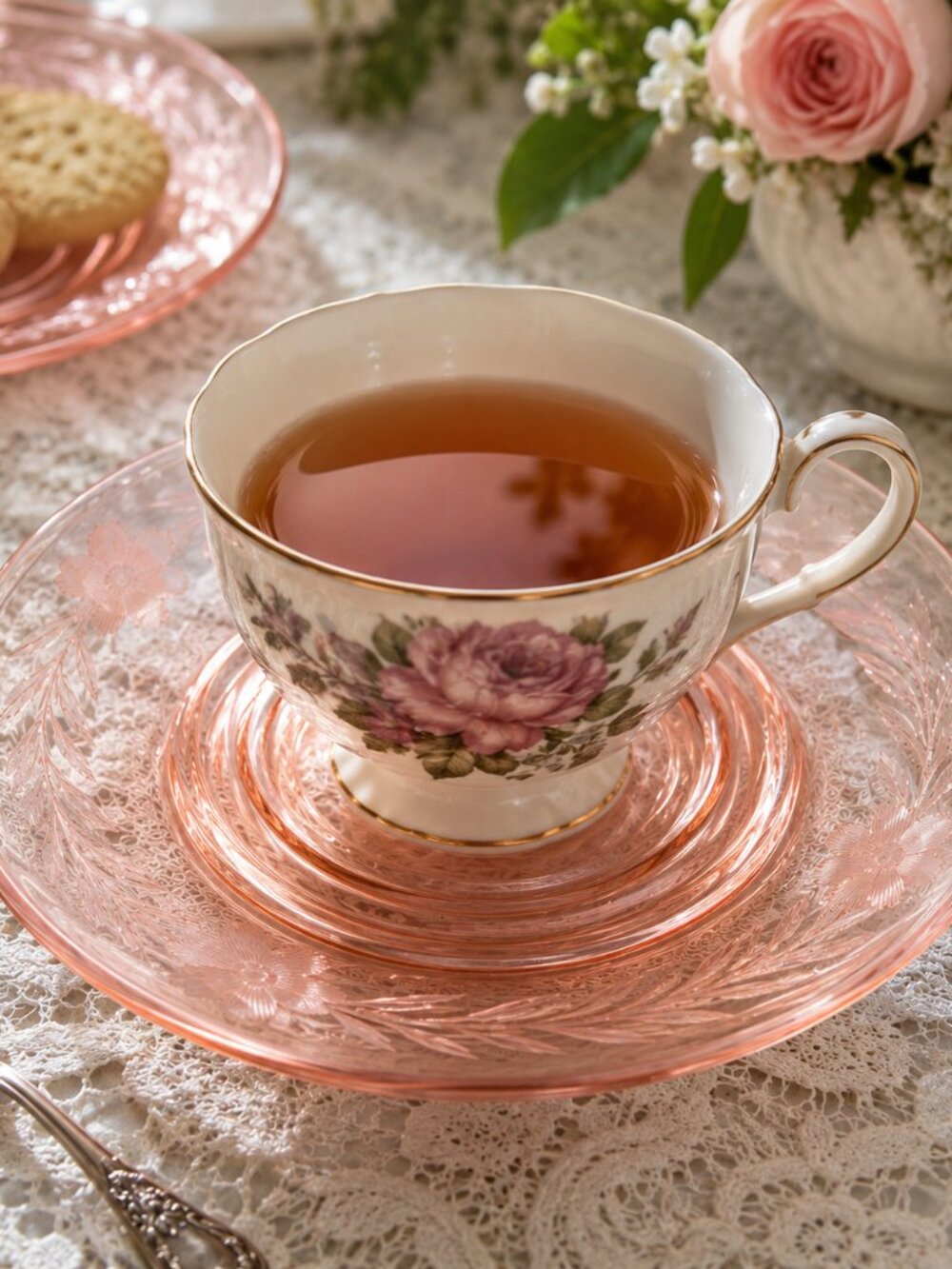 SA-10--Vintage Pink Etched Depression Glass Saucers Set of 6 Floral Leaf 6"